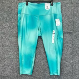 NWT XERSION Leggings Womens Size 2X Aqua Green Blur High Rise Crop Contoured